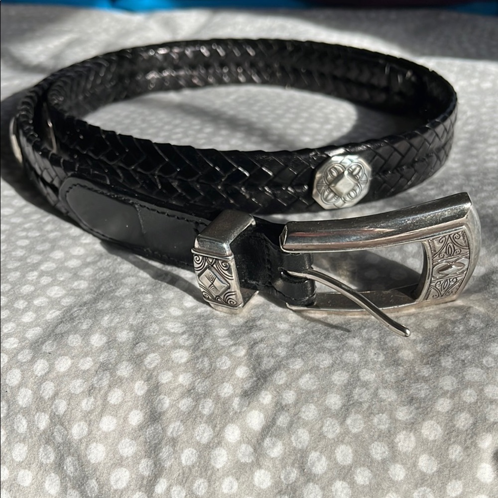 Brighton Black Braided Leather Belt with Silver Buckle and Decoration